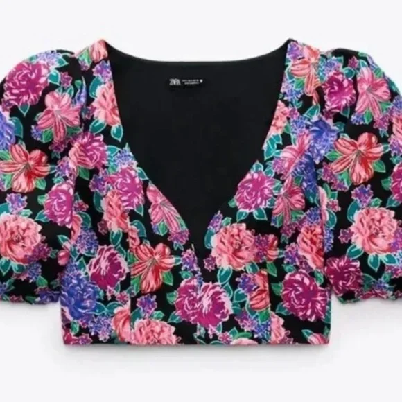 Zara Black Floral Crop Top - Picture 4 of 4
